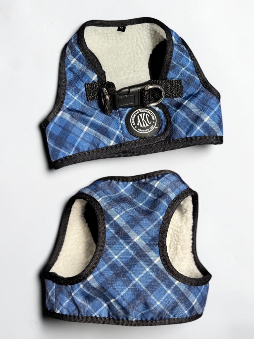 AKC Small Blue Plaid Sherpa Fleece Lined Dog Harness